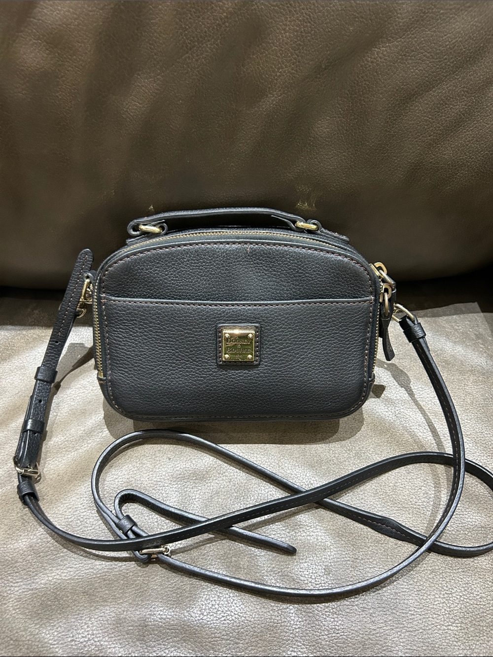 Dooney & Bourke Black Pebbled Leather Camera Crossbody with Gold Hardware